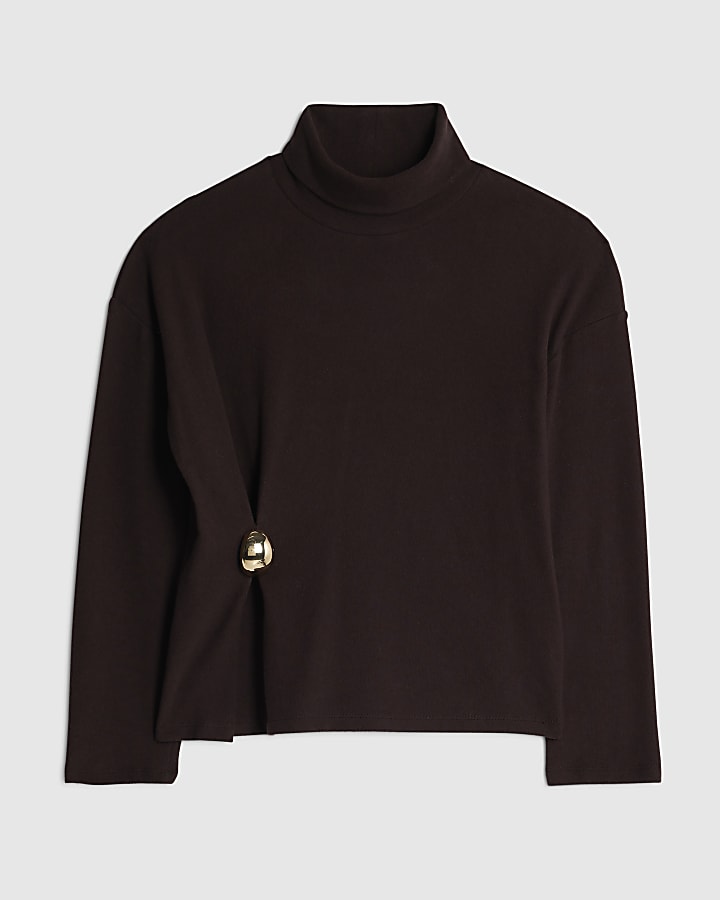 Brown Long Sleeve Cosy Gold Detail Top
