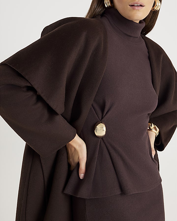 Brown Long Sleeve Cosy Gold Detail Top