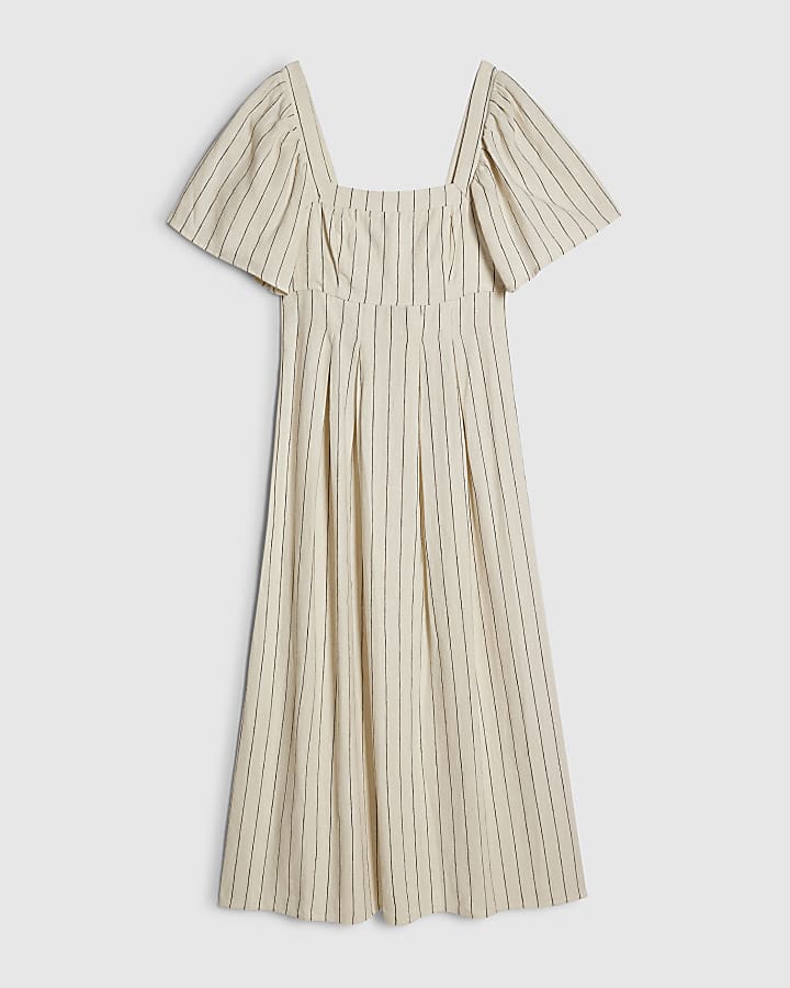 Beige Linen Blend Shirred Midi Dress
