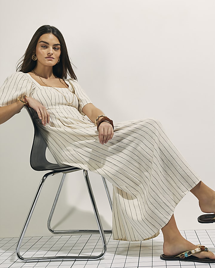 Beige Linen Blend Shirred Midi Dress