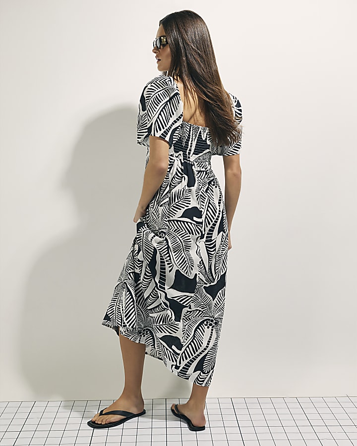 Black Tropical Leaf Shirred Midi Dress