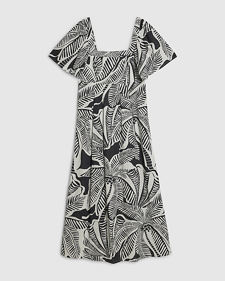 Black Tropical Leaf Shirred Midi Dress