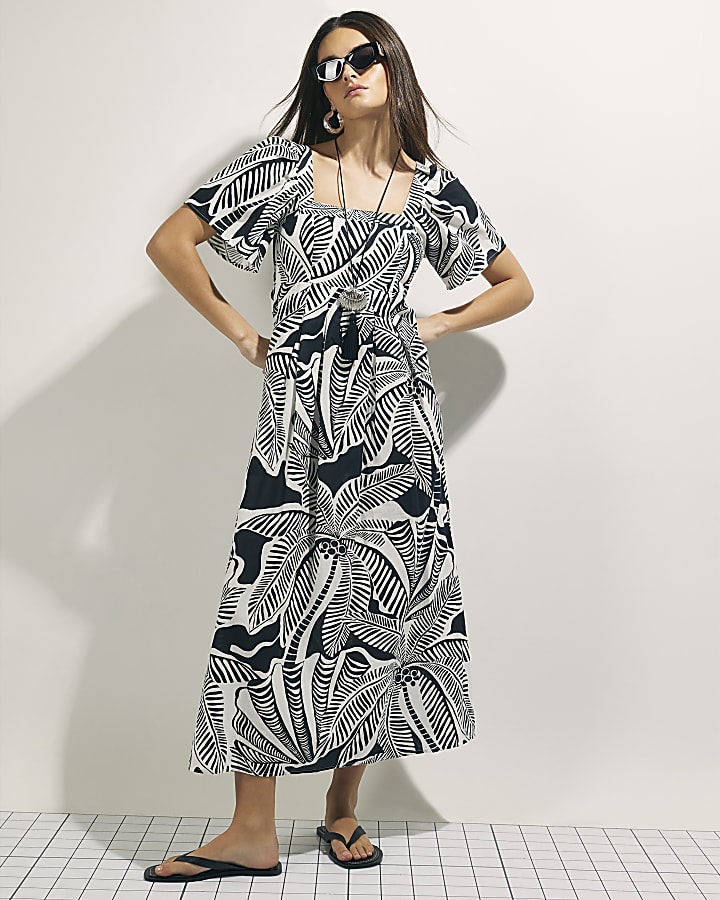 Black Tropical Leaf Shirred Midi Dress