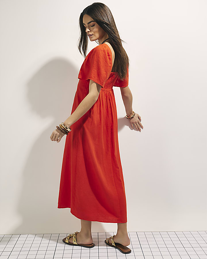 Red Linen Blend Shirred Midi Dress