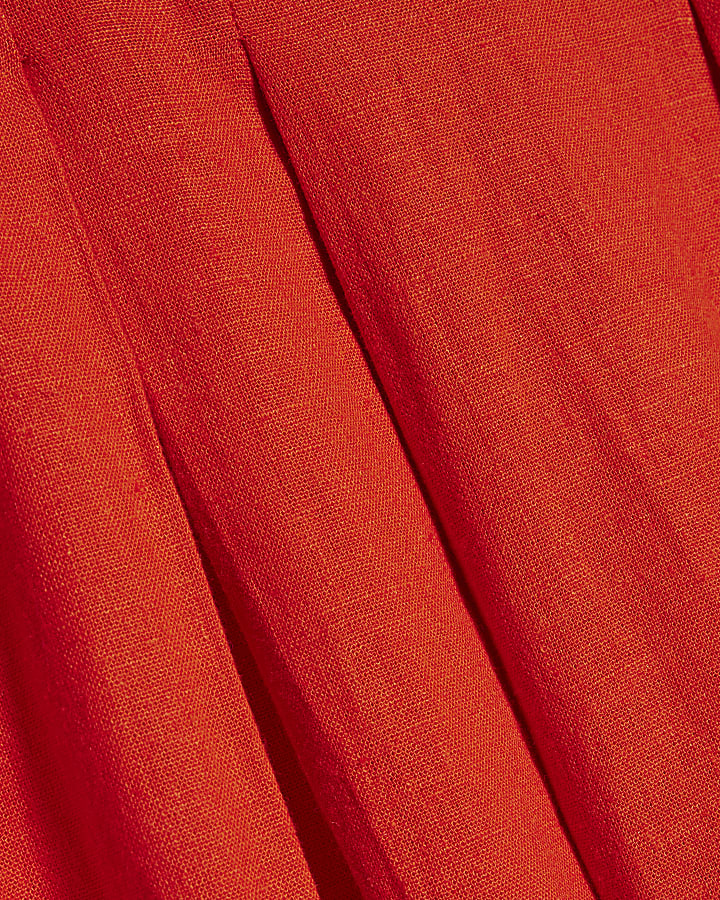 Red Linen Blend Shirred Midi Dress