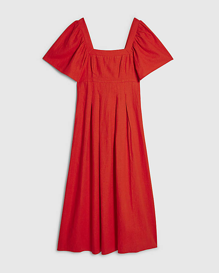 Red Linen Blend Shirred Midi Dress