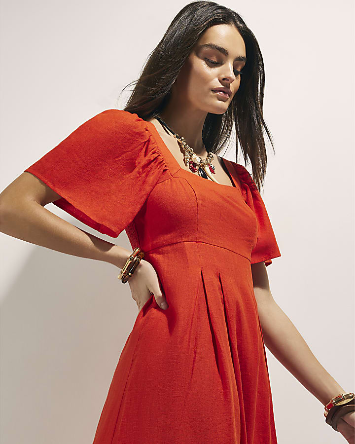 Red Linen Blend Shirred Midi Dress