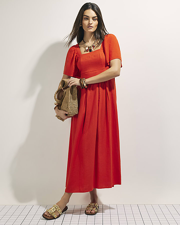 Red Linen Blend Shirred Midi Dress