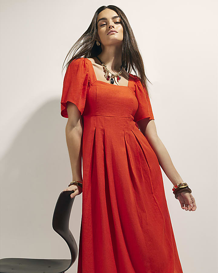 Red Linen Blend Shirred Midi Dress