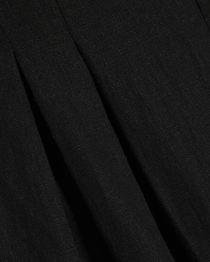 Black Linen Blend Shirred Mini Dress