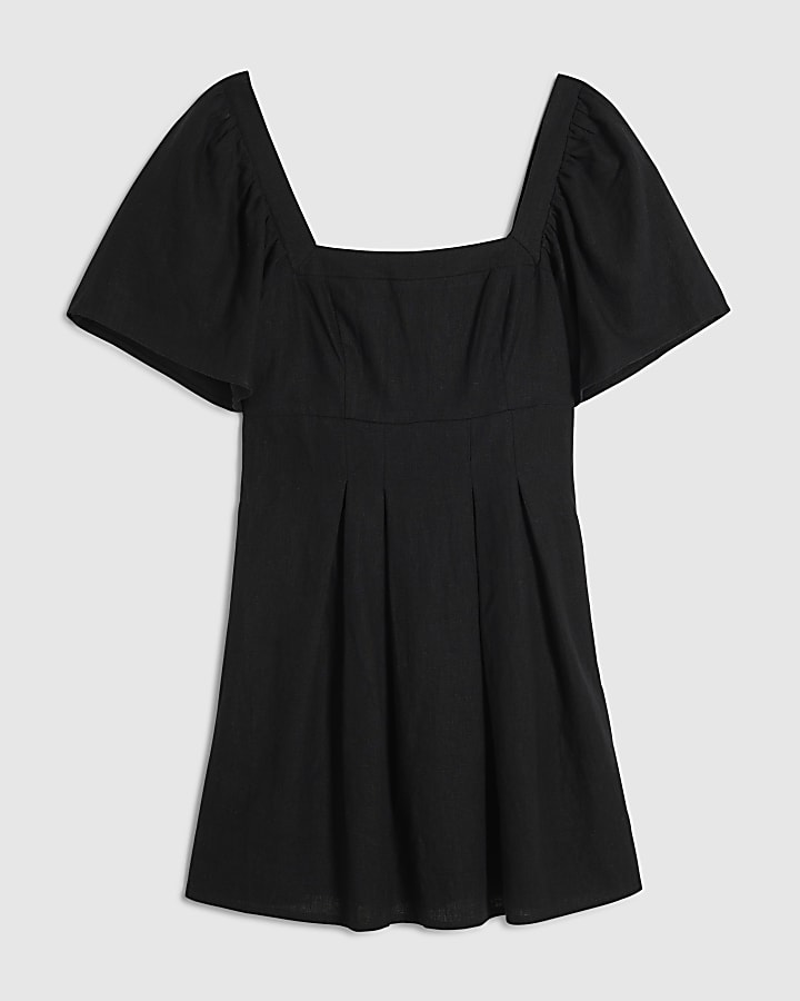 Black Linen Blend Shirred Mini Dress