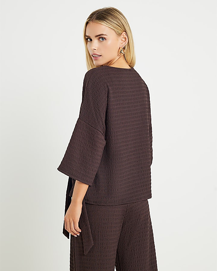 Petite Brown Short Sleeve Textured Tie Tshirt