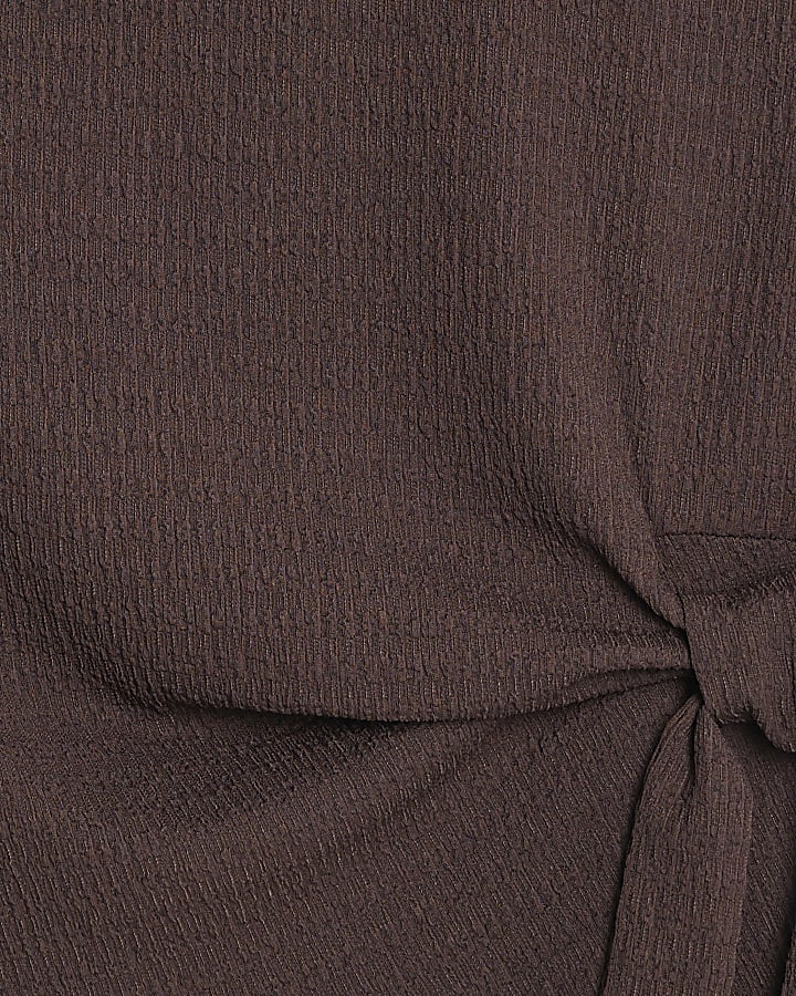 Petite Brown Short Sleeve Textured Tie Tshirt