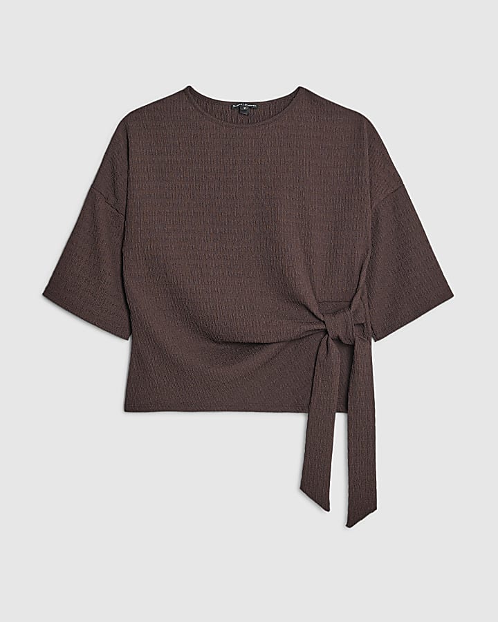 Petite Brown Short Sleeve Textured Tie Tshirt