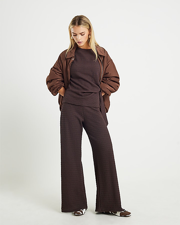 Petite Brown Short Sleeve Textured Tie Tshirt