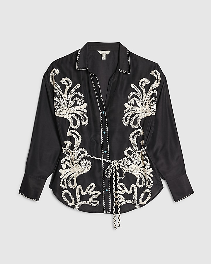 Black Embroidered Beach Shirt