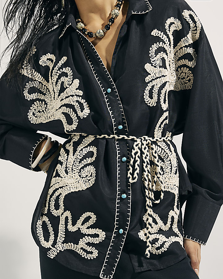 Black Embroidered Beach Shirt