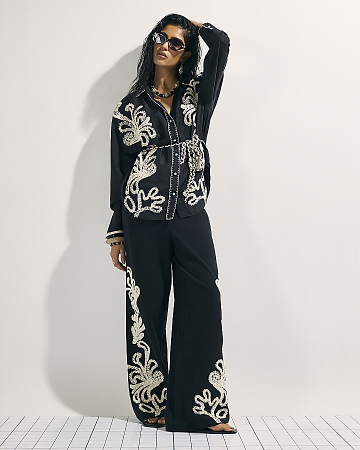 Black Embroidered Beach Shirt