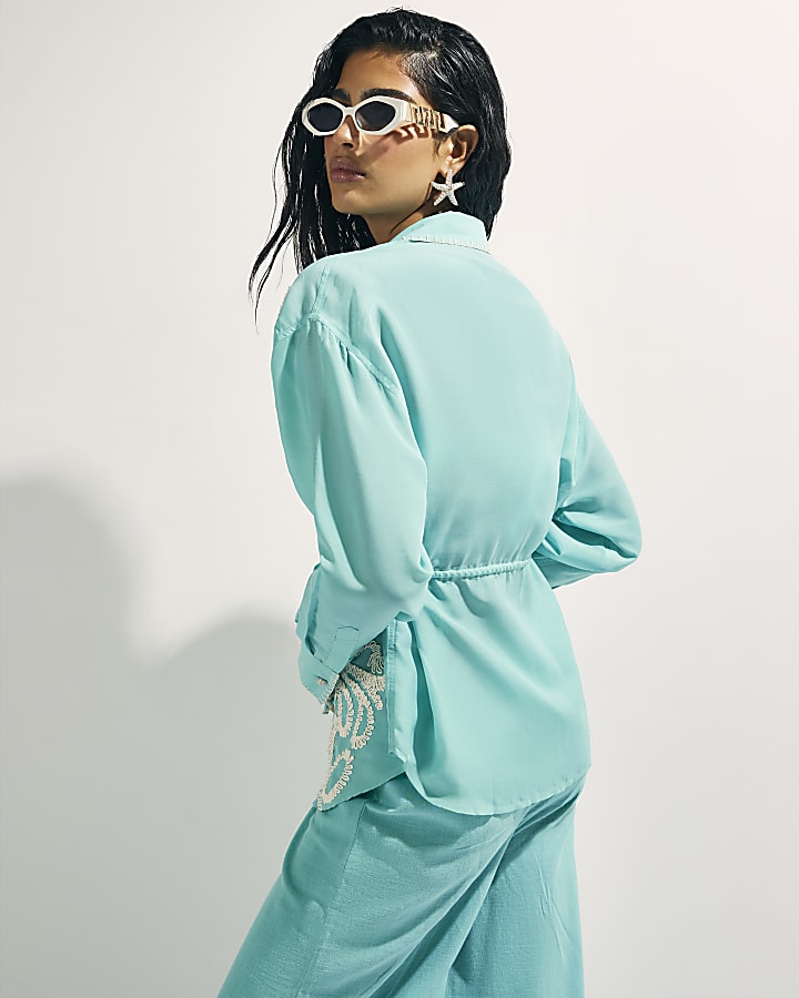 Green Embroidered Long Sleeve Beach Shirt