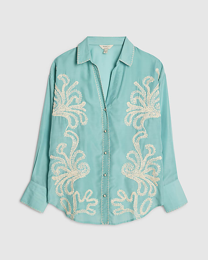 Green Embroidered Long Sleeve Beach Shirt