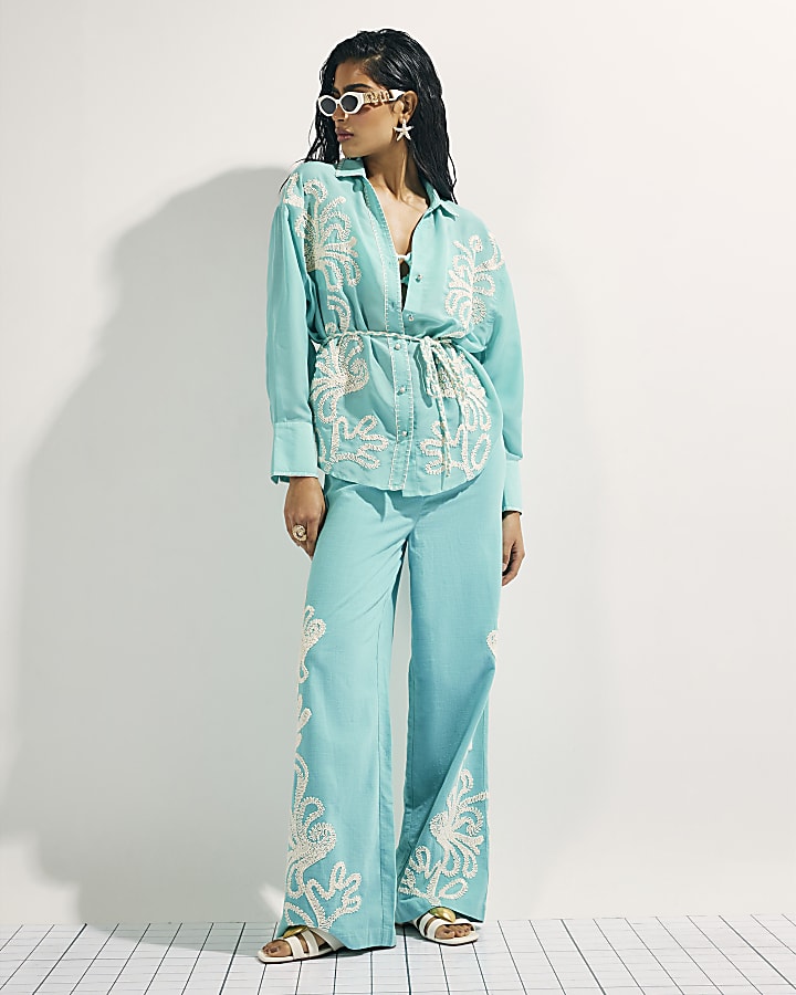 Green Embroidered Long Sleeve Beach Shirt