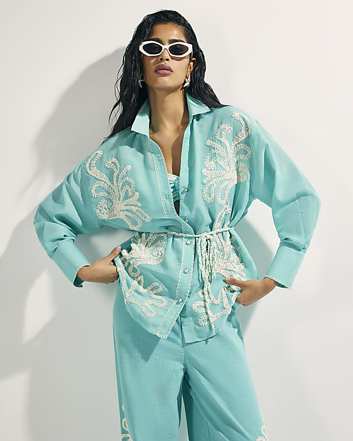 Green Embroidered Long Sleeve Beach Shirt