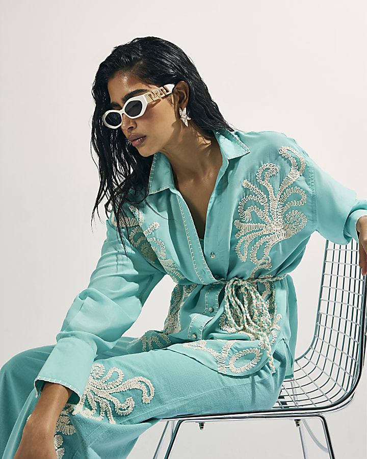 Green Embroidered Long Sleeve Beach Shirt