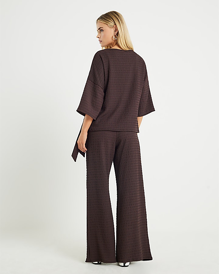 Petite Brown Textured Wide Leg Trousers