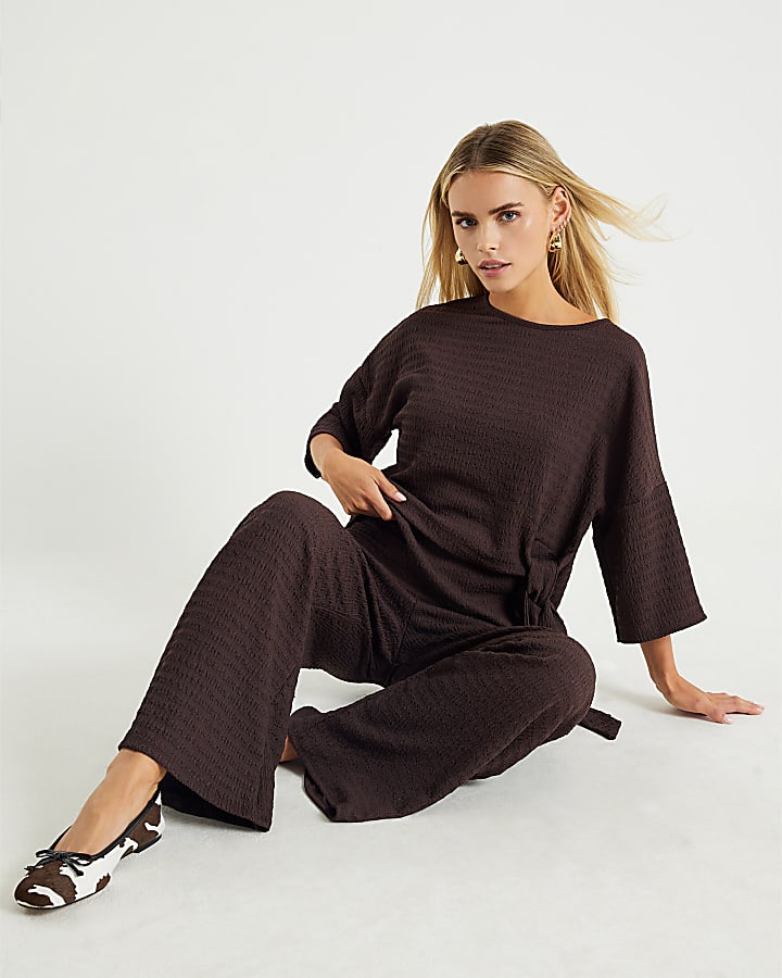 Petite Brown Textured Wide Leg Trousers