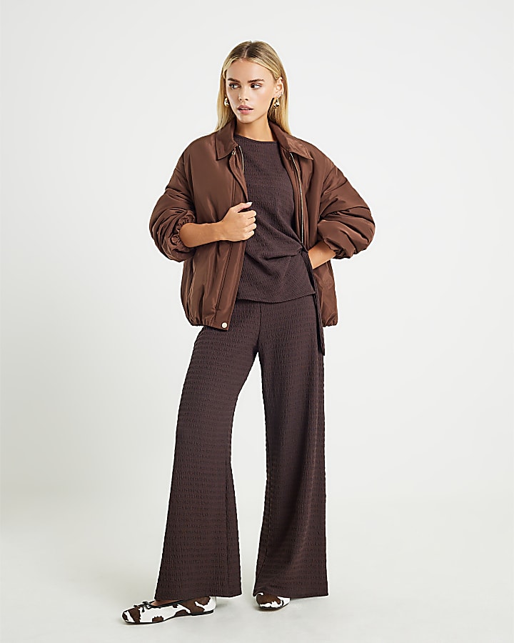 Petite Brown Textured Wide Leg Trousers
