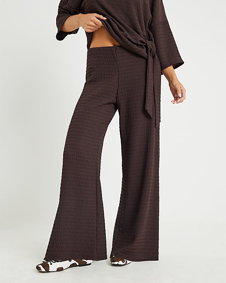 Petite Brown Textured Wide Leg Trousers