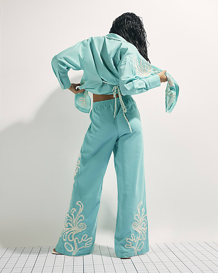 Green Embroidered Wide Leg Trousers