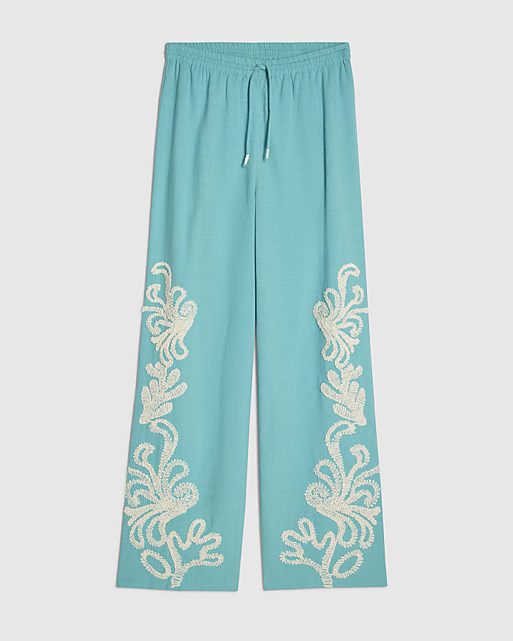 Green Embroidered Wide Leg Trousers