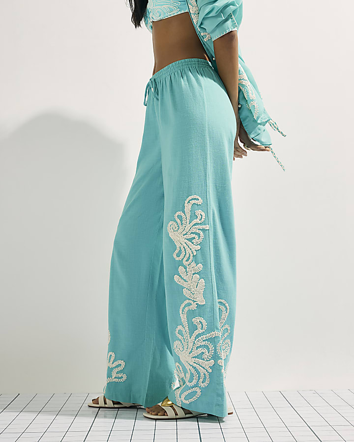Green Embroidered Wide Leg Trousers