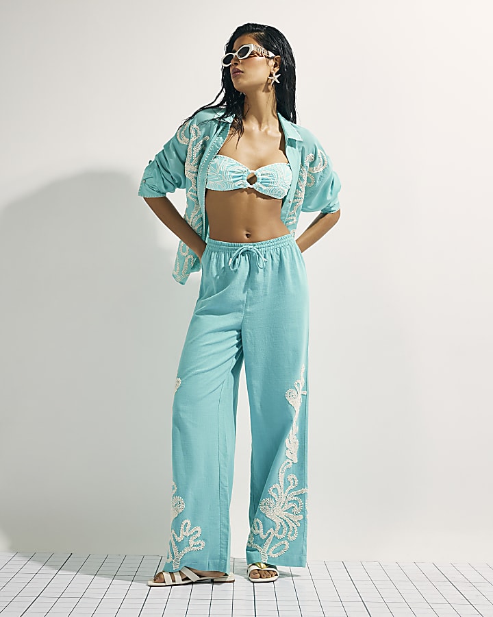 Green Embroidered Wide Leg Trousers