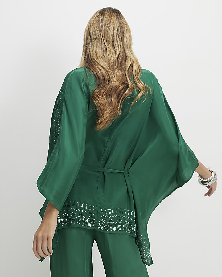 Green Embellished Kimono Top