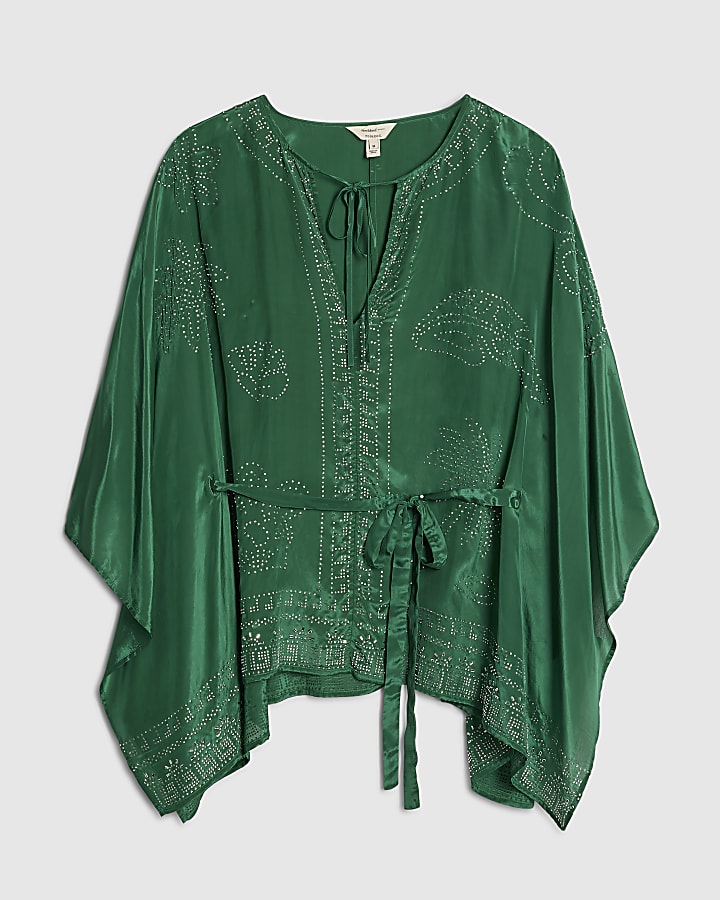 Green Embellished Kimono Top