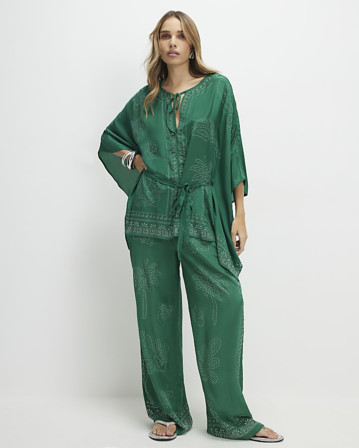 Green Embellished Kimono Top