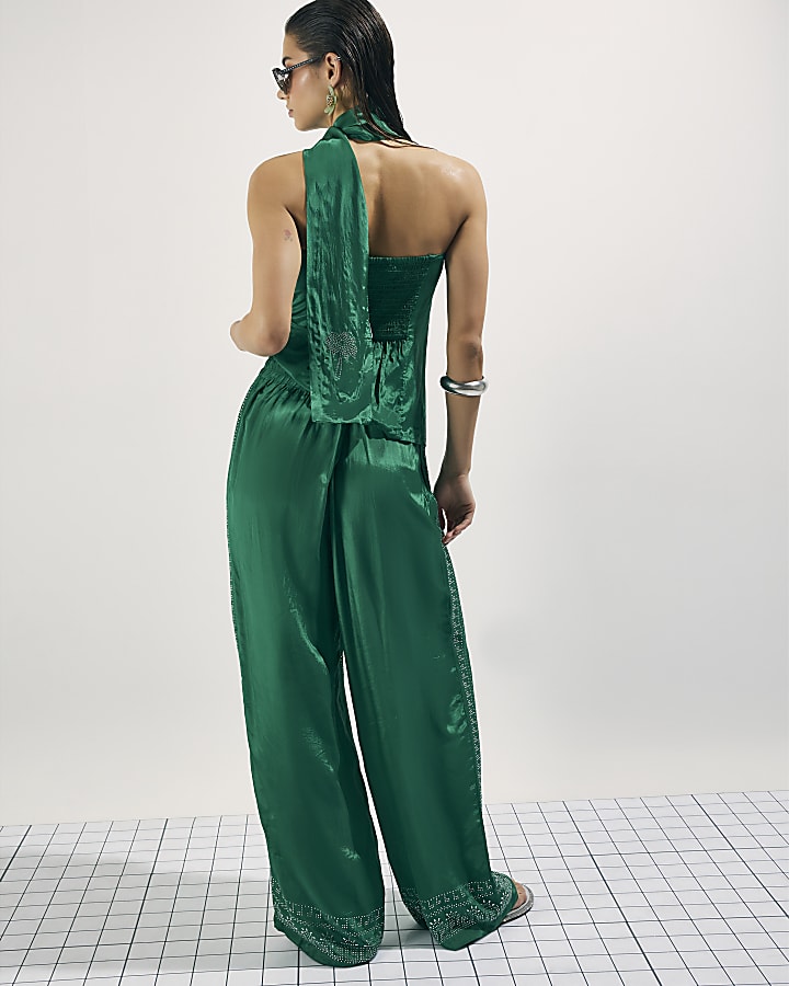 Green Embellished Wide Leg Trousers