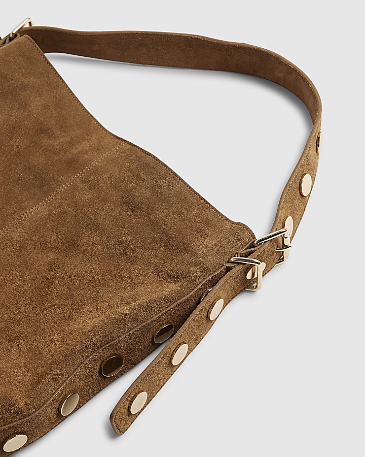 Brown Studded Suede Slouch Shoulder Bag