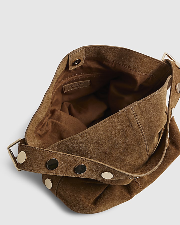 Brown Studded Suede Slouch Shoulder Bag