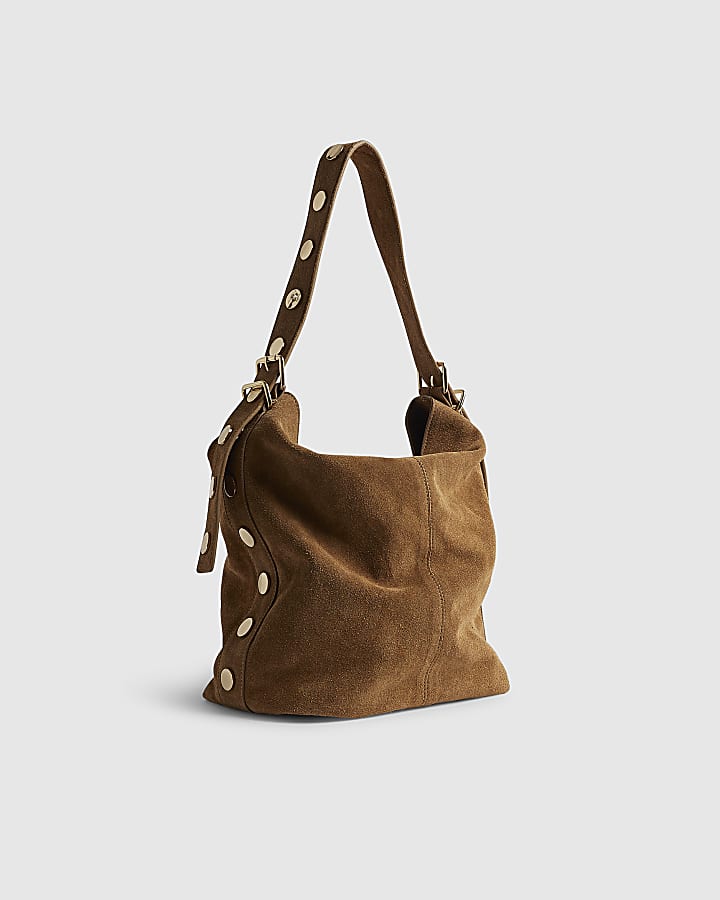 Brown Studded Suede Slouch Shoulder Bag