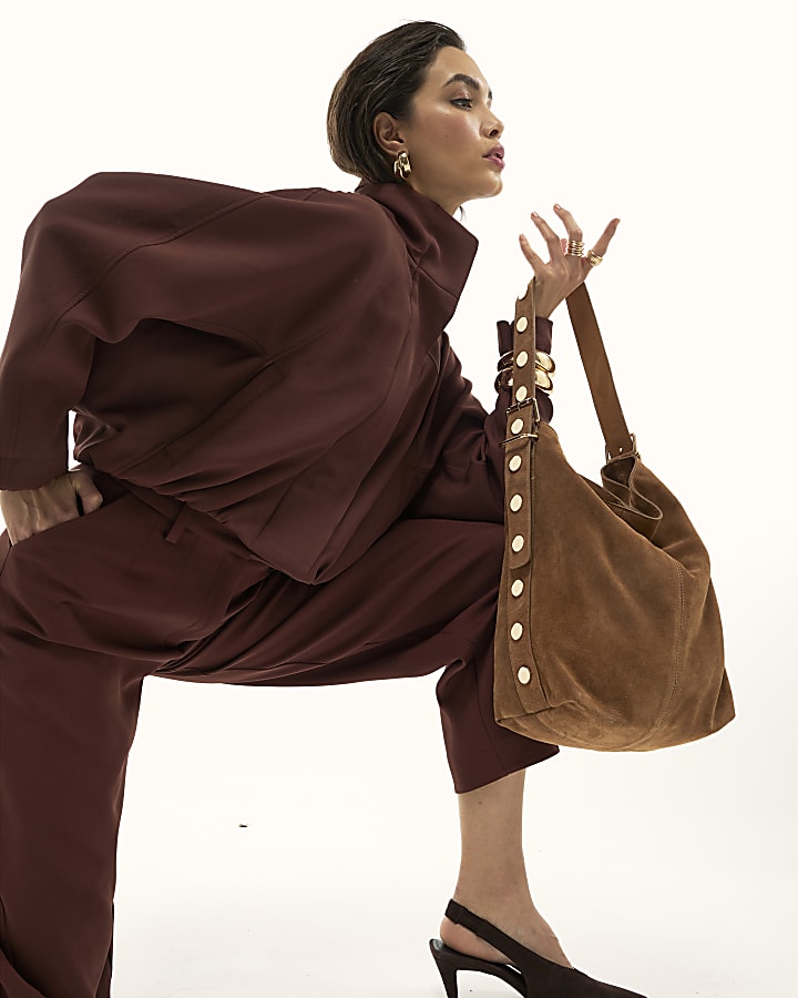 Brown Studded Suede Slouch Shoulder Bag