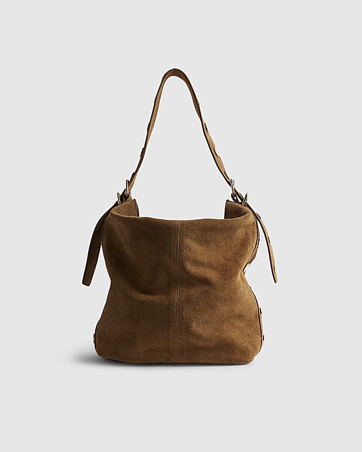 Brown Studded Suede Slouch Shoulder Bag