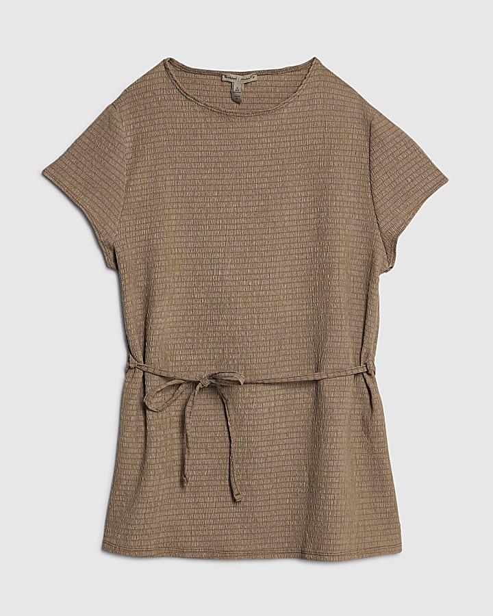 Beige Short Sleeve Textured Belted Top