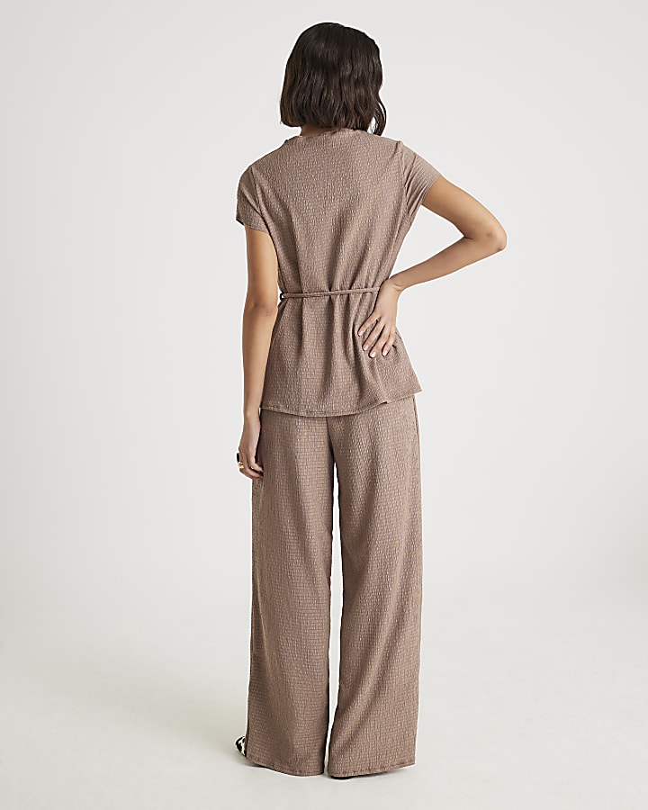 Beige Short Sleeve Textured Belted Top