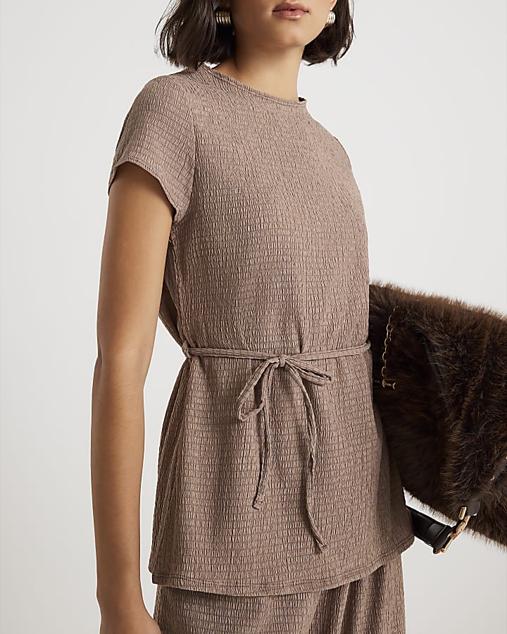 Beige Short Sleeve Textured Belted Top