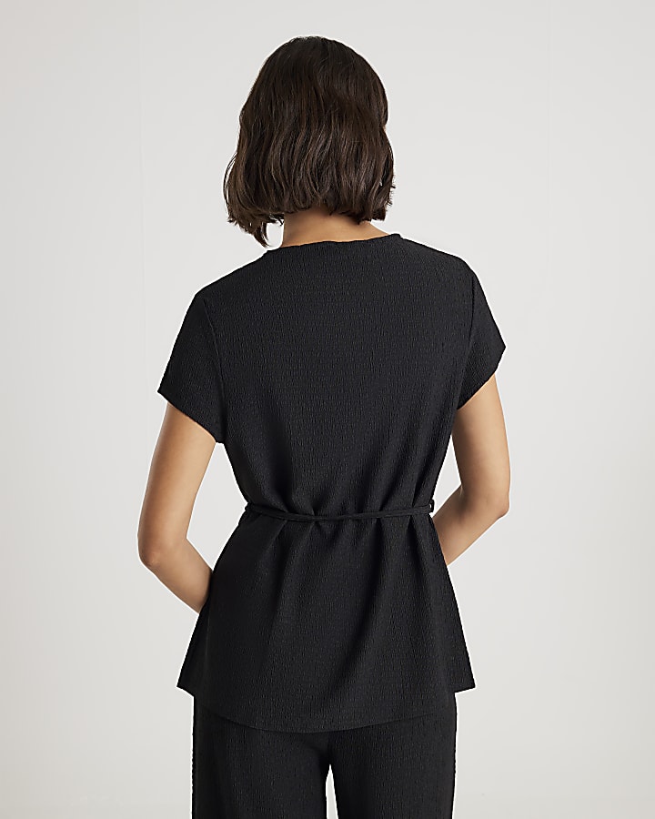 Black Short Sleeve Textured Belted T-Shirt