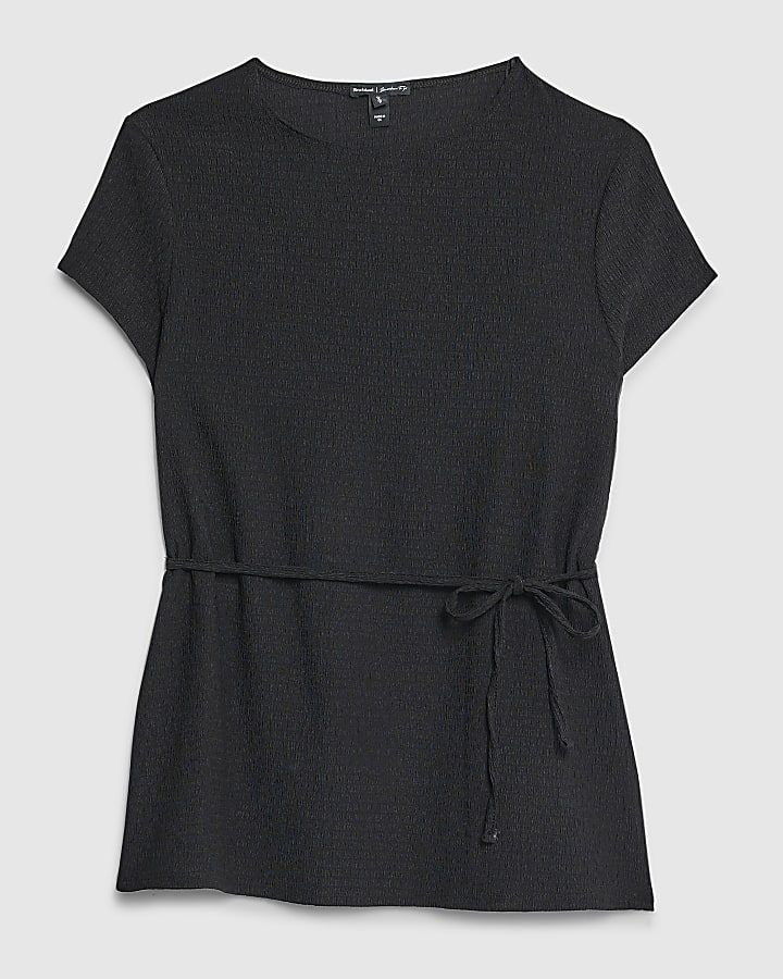 Black Short Sleeve Textured Belted T-Shirt