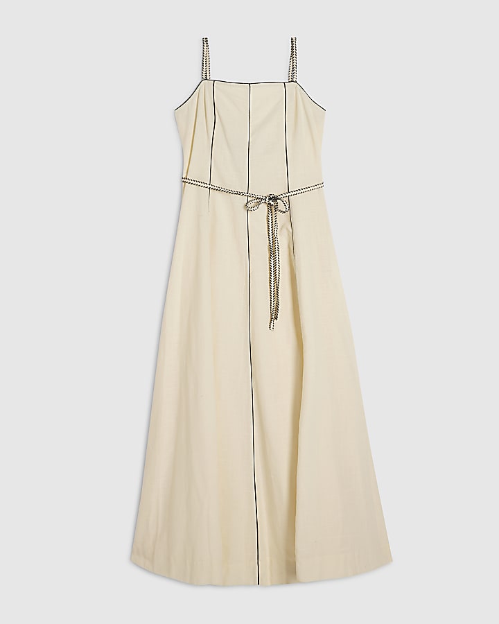 Cream Piped Belted Midi Dress